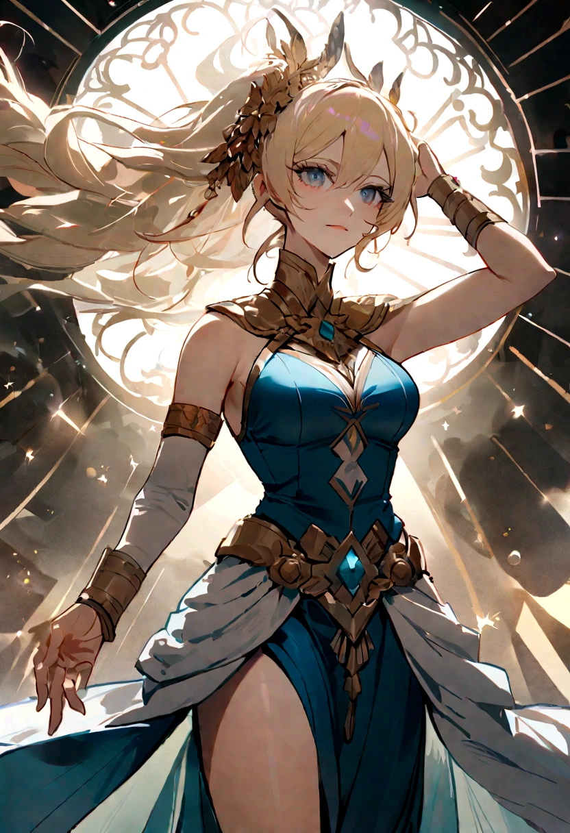 （Huang Li、high quality、Extremely detailed），Constellation - Goddess Capricorn，Giant wild sheep，Woman petting wild sheep，Similar to Latin goodness，brave，capricious，Productivity，The face of enterprising and humanitarianism，Blonde short hair，Ancient Greek costumes、Wrap Dress，The background is the ocean，Crystal blue eyes（Eyes Details），Powerful appearance