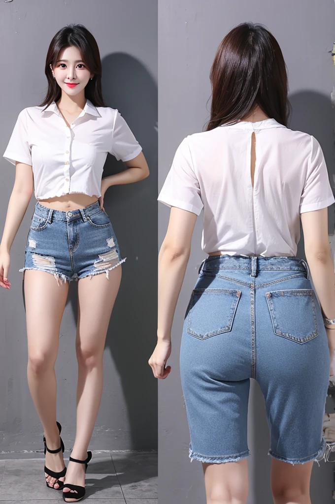 white shirt denim short pants back