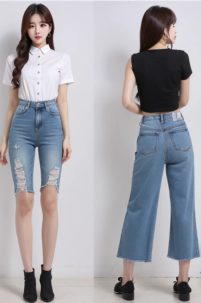 white shirt denim short pants back