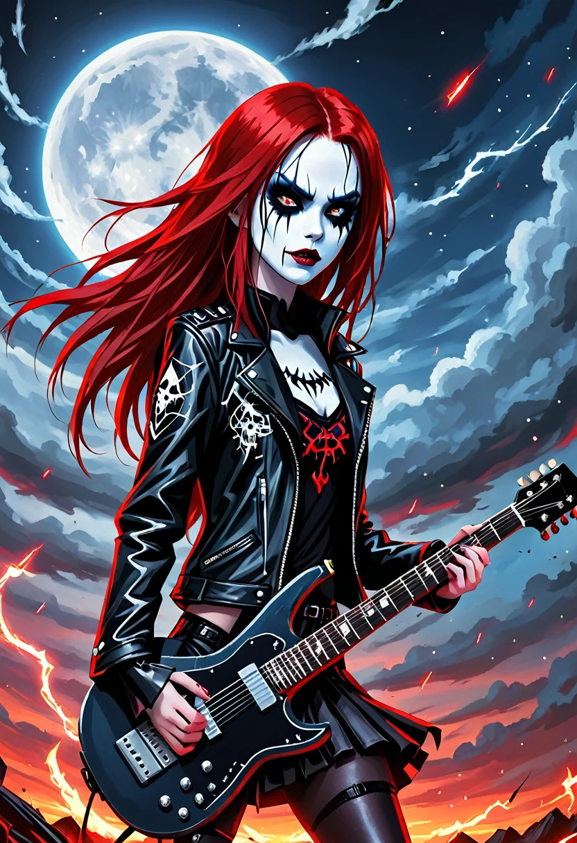 Black Metal girl, pale face, Black Metal make up, corpse paint face, red hair shoulder length, leather jacket, riding on a guitar in sky, electricity effects around her, movement blur