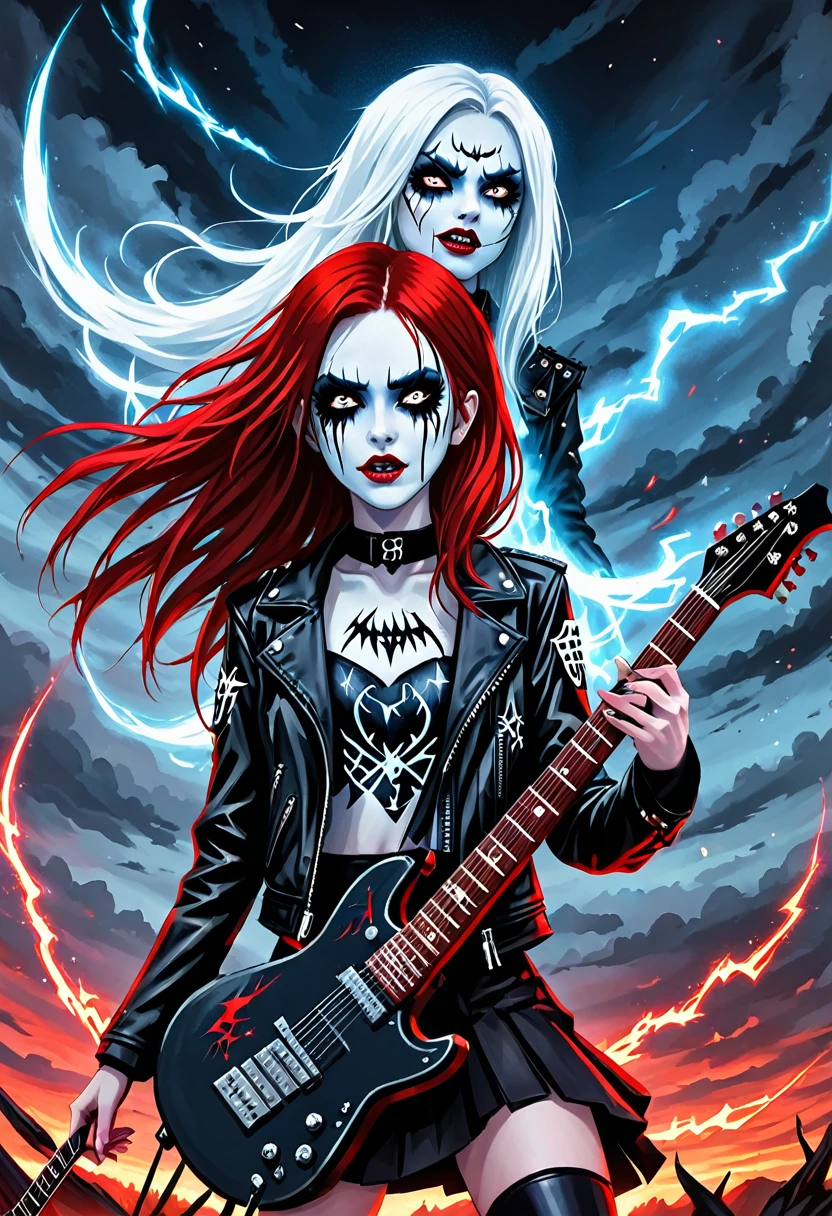 Black Metal girl, pale face, Black Metal make up, corpse paint face, red hair shoulder length, leather jacket, riding on a guitar in sky, electricity effects around her, movement blur