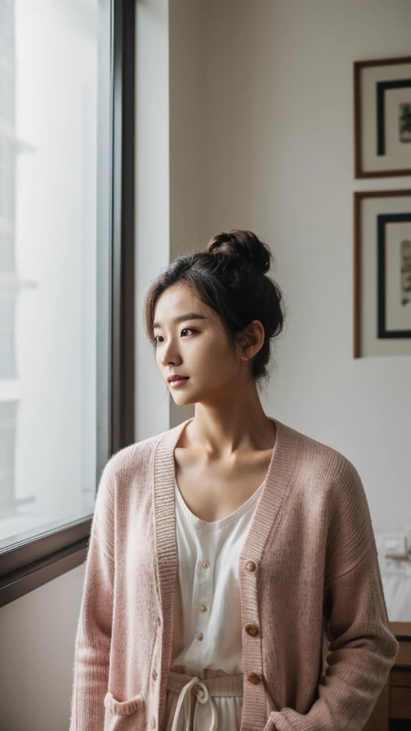 a young Korean man in a pink cardigan, white dress, large hair bun, standing in living room, face straight to viewer, shy pose, serene expression, cute face, detailed face, detailed clothing, detailed background, natural lighting, warm colors, beautiful scenery, intricate details, highly detailed, photorealistic, 8k, ((masterpiece)), cinematic style, portrait