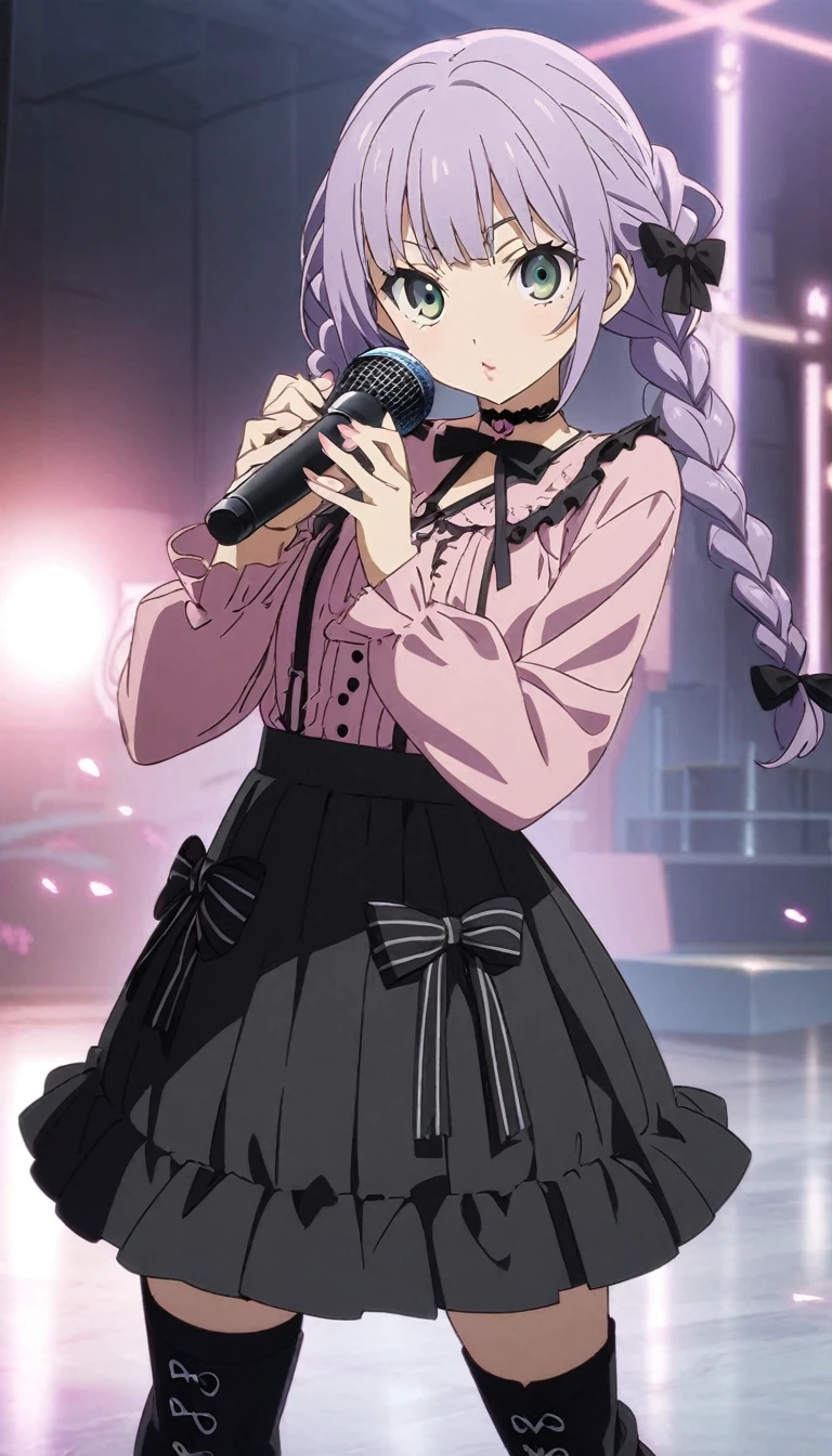 (a girl with closs hair pin,pale purple hair,wavy two braids,bluntbangs hair,green and black eyes,
pink shirt,cosplay, jirai kei, bangs, black skirt, black bow, looking at viewer, bow, long sleeves, choker, ribbon,pink lips,Thick-soled boots,fullbody shot :1.4),boots focus,
(masterpiece:1.3), anime visual, small breast,slim,The girl holds the microphone in both hands and has her eyes closed.