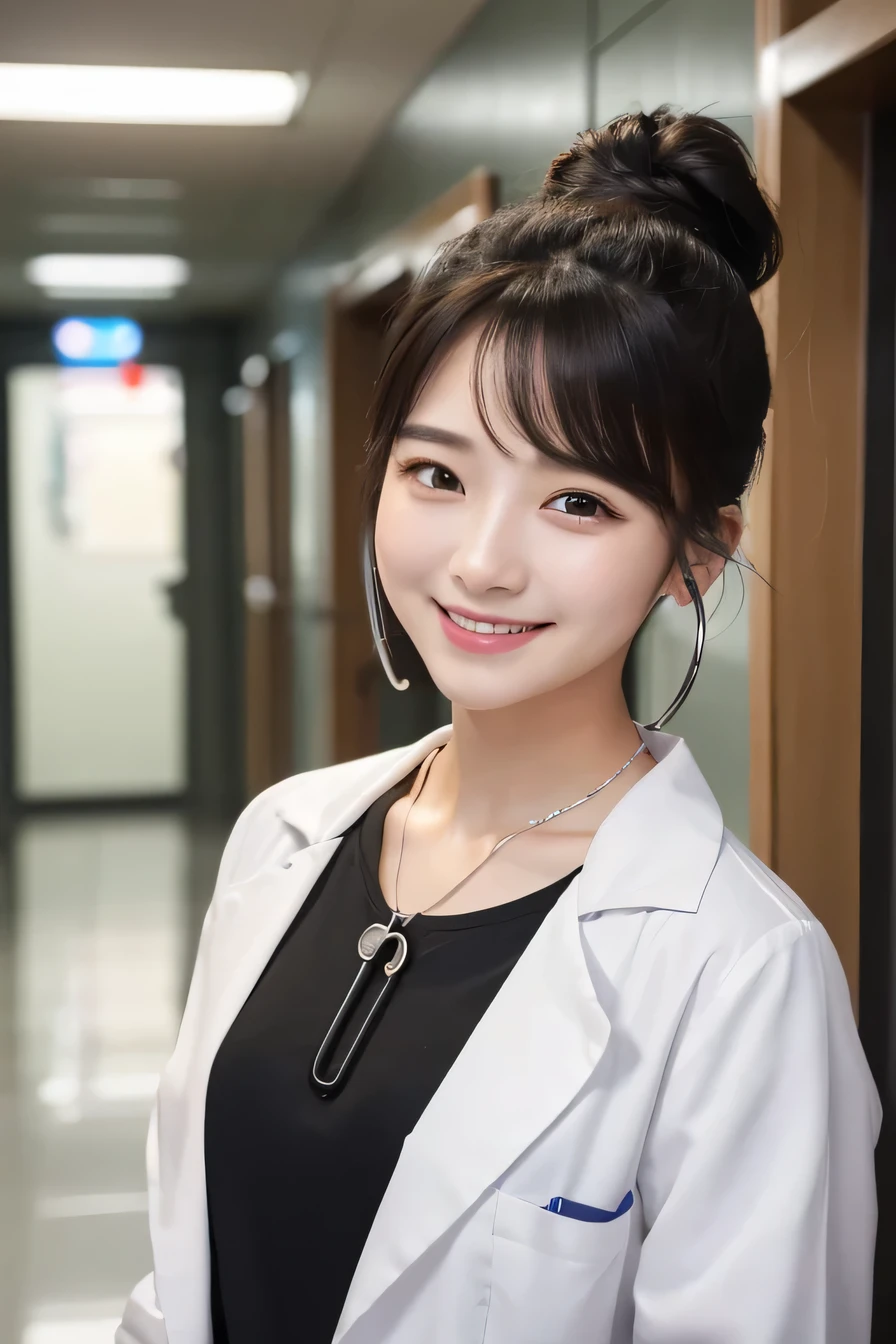 Beautiful young woman、 Korean women、Black Hair、Necklace around the neck、White、Stethoscope、Hairstyle bun、smile、Open your mouth a little、Intricate details, Very detailed:1.2), 、 Looking into the camera,The background is the corridor of the hospital.、ear piercing