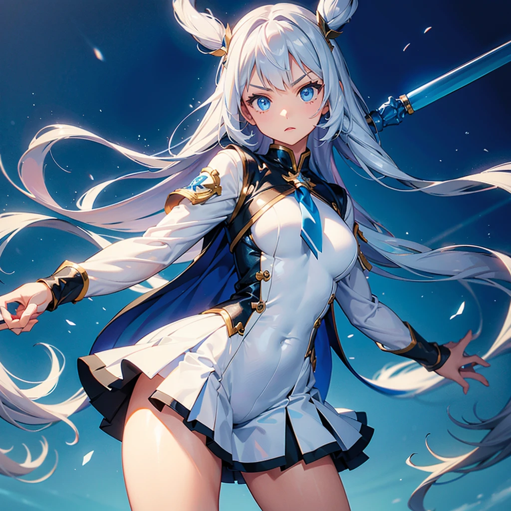 (masterpiece),(Highest quality),(Very detailed),(Best illustrations),(so beautiful), so beautiful長い脚, Thighs, Silver Hair, Red eyes, Very long hair, High Ponytail, Blue clothes, China dress, Side slits, Have a weapon, Huge_sword, Slashing,
