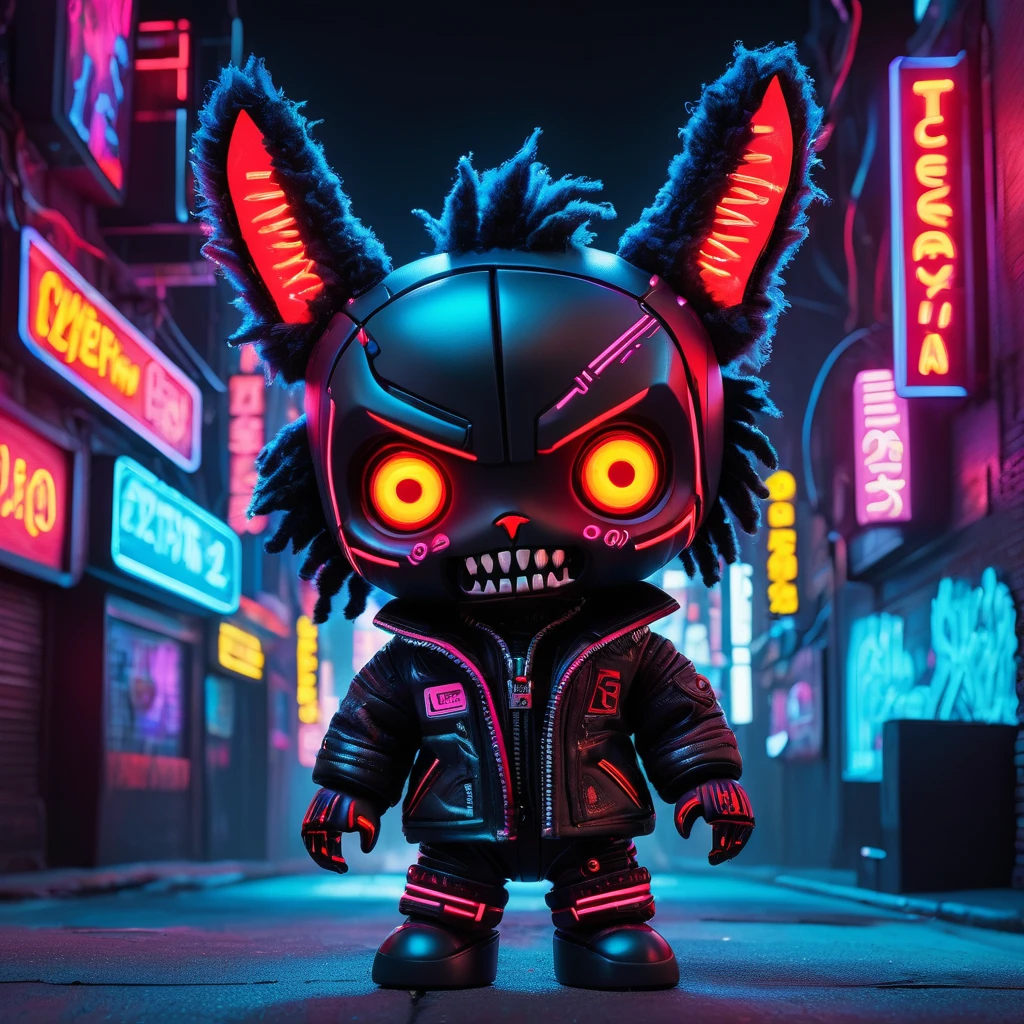 (knitted toy voodoo doll:1.2), (voodoo beast:1.3), (cyberpunk clothes:1.0), (in a neon-lit jacket:1.2), (cybernetic enhancements:1.2), (glow-red eyes:1.3), (sharp teeth:1.2), (black, furry body and face:1.5), (standing in a neon-lit city:1.2), (futuristic buildings:1.3), (neon signs:1.3), best quality, masterpiece, detailed soft oil painting, detailed background, dramatic cinematic lighting, soft edge lighting, professional, dramatic lighting, hard edge lighting, ultra quality, 4k, masterpiece, best quality, 8k, ultra high definition, high resolution, extremely detailed