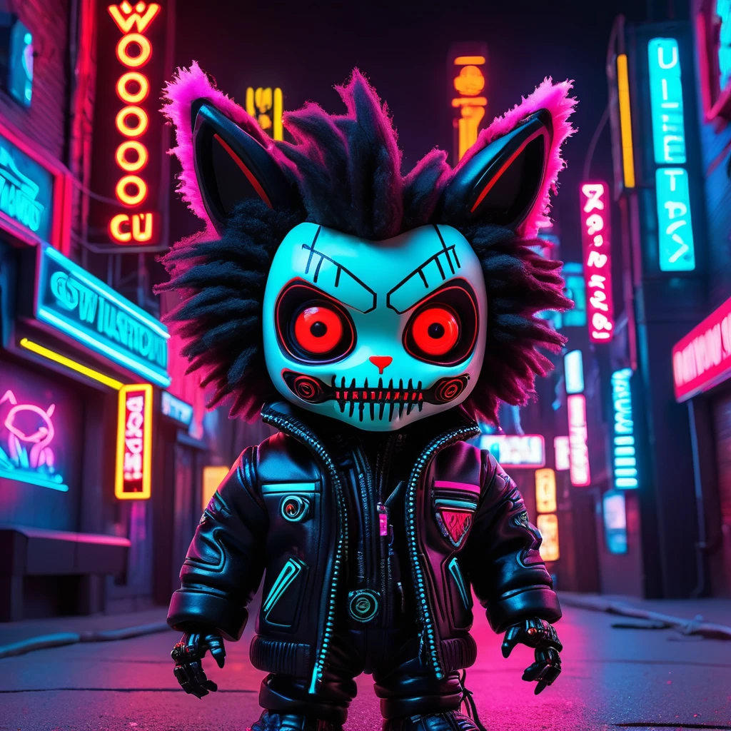 (knitted toy voodoo doll:1.2), (voodoo beast:1.3), (cyberpunk clothes:1.0), (in a neon-lit jacket:1.2), (cybernetic enhancements:1.2), (glow-red eyes:1.3), (sharp teeth:1.2), (black, furry body and face:1.5), (standing in a neon-lit city:1.2), (futuristic buildings:1.3), (neon signs:1.3), best quality, masterpiece, detailed soft oil painting, detailed background, dramatic cinematic lighting, soft edge lighting, professional, dramatic lighting, hard edge lighting, ultra quality, 4k, masterpiece, best quality, 8k, ultra high definition, high resolution, extremely detailed