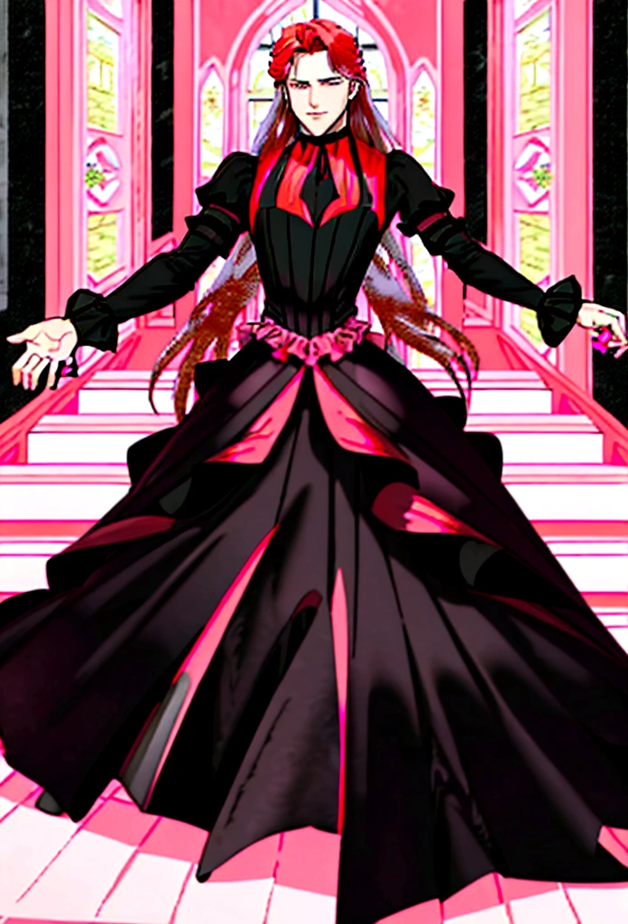 Arafed, a picture of a ((man: 1.5)) in high society prom event, divine beautiful muscled male, (red hair: 1.4), long hair, flowing hair, the hair glows in a soft light, cerulean eyes, deep light eyes, divine masculine face, some beard, he wears a ((pink and black evening dress: 1.5)), elegant, intricate detailed dress, silk dress, small cleavage, dress is decorated with flowers, he wears elegant knee high heeled boots, exquisite knee high heeled boots, he stands on the porch of a fantasy castle, dynamic angle, soft torch light, (Masterpiece: 1.5), 16k, highres, best quality, high details, ultra detailed, masterpiece, best quality, (extremely detailed), AngelStyle, GlowingRunesAI_paleblue, angel_wings, Angel, flower dress