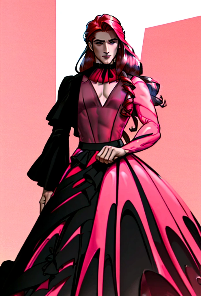 Arafed, a picture of a ((man: 1.5)) in high society prom event, divine beautiful muscled male, (red hair: 1.4), long hair, flowing hair, the hair glows in a soft light, cerulean eyes, deep light eyes, divine masculine face, some beard, he wears a ((pink and black evening dress: 1.5)), elegant, intricate detailed dress, silk dress, small cleavage, dress is decorated with flowers, he wears elegant knee high heeled boots, exquisite knee high heeled boots, he stands on the porch of a fantasy castle, dynamic angle, soft torch light, (Masterpiece: 1.5), 16k, highres, best quality, high details, ultra detailed, masterpiece, best quality, (extremely detailed), AngelStyle, GlowingRunesAI_paleblue, angel_wings, Angel, flower dress