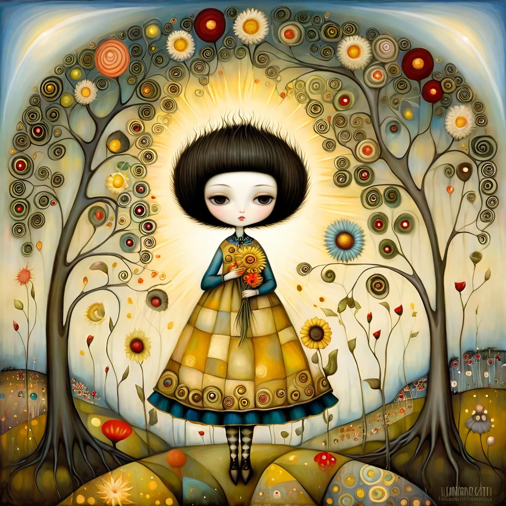 Patchwork by Klimt, Nicoletta Ceccoli, Naoto Hattori, Lawrence Didier, Leonora Carrington of European Woman with short black hair and a long, wide skirt, picking flowers from the branches of small trees in a flower garden, caressed by the sun's rays