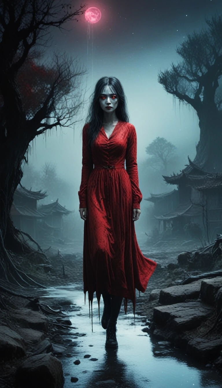 Create a terrifying image of Chimure no Utahime, a blood-soaked siren with long black hair and a blood-stained kimono. Her cursed song drives those who hear it to madness. The setting should be a dark, decrepit theater or a shadowy, blood-soaked forest, highlighting her terrifying and cursed nature.