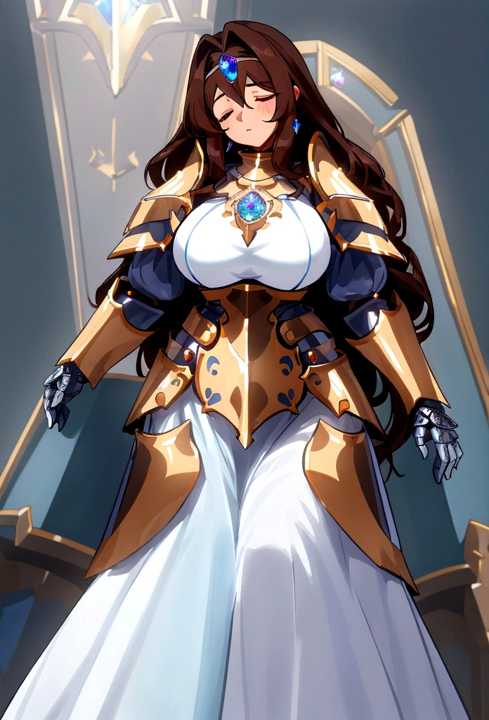 ((Masterpiece, 8k, High quality)), (big breasts, hips wide open), ((brown hair)), ((eyes colour blue gem)), ((Silver armor)), (((sleepy white dress))), (1 woman),  cute, (((Paladin))),