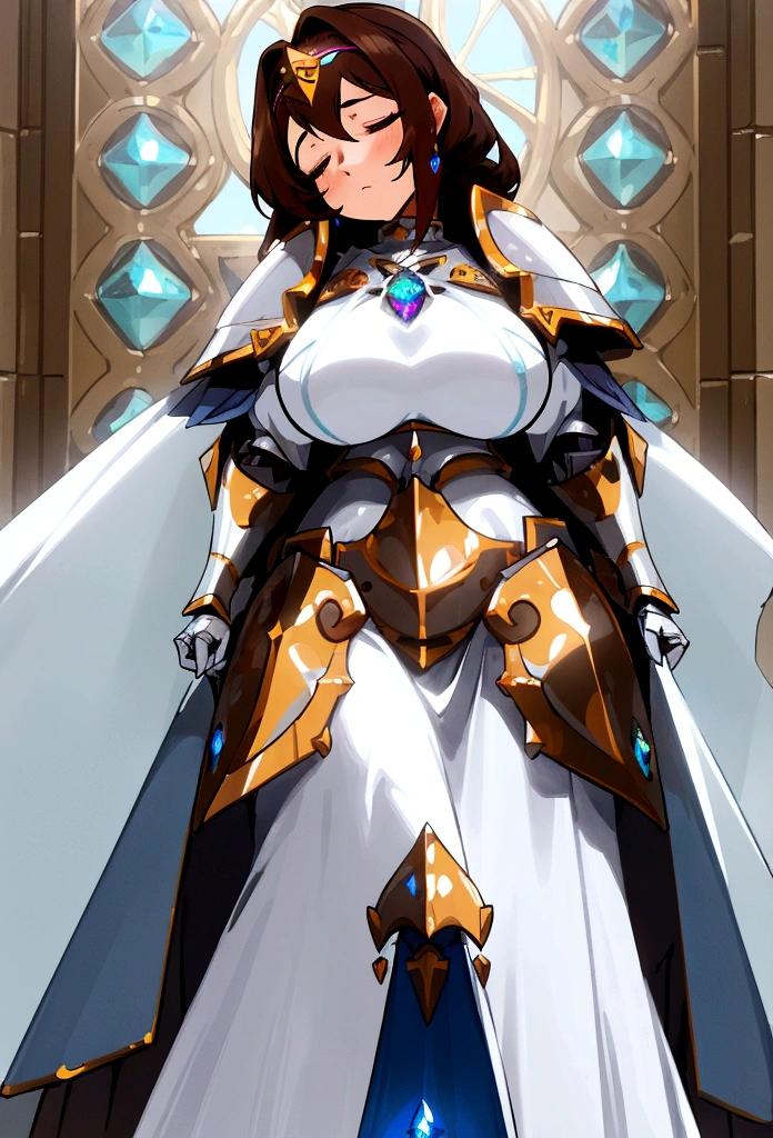 ((Masterpiece, 8k, High quality)), (big breasts, hips wide open), ((brown hair)), ((eyes colour blue gem)), ((Silver armor)), (((sleepy white dress))), (1 woman), cute, (((Paladin))),