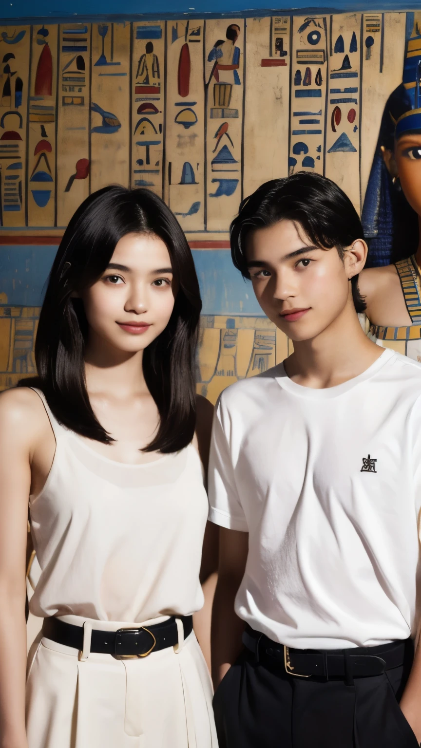 245 Inside the mural2people々々々々々々々々(An 18-year-old female and an 18-year-old male), short hair,kind, lipstick, Egyptian civilization, Waist belt, Hieroglyphics, smile