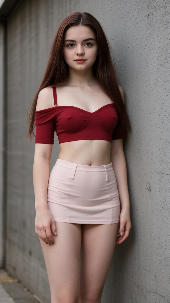 RAW photo, photo of overweight , (long brunette hair), (tight skirt), (red off shoulder top), standing outdoors, pale white skin, thick thighs, freckles, blemishes, lipstick, ((short height, broad shoulders, ((wide hips and waist)), ((chubby:1.3)), flat chest, ariel winter