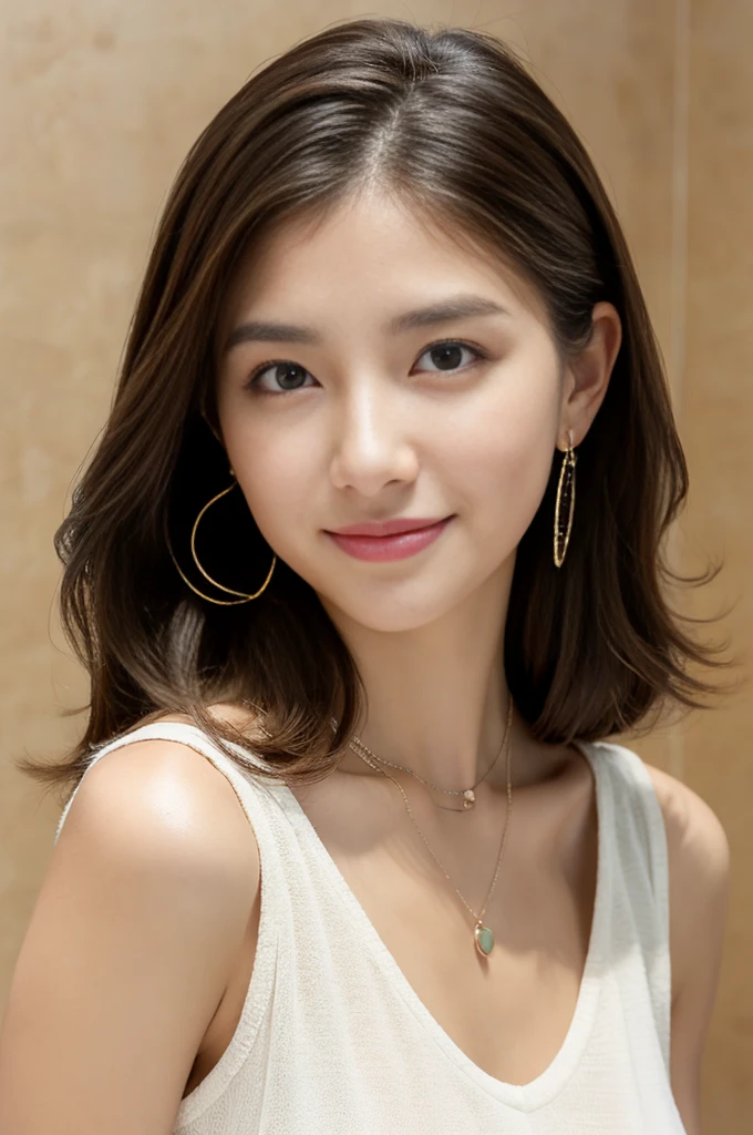 ​masterpiece, top-quality, 19 year old girl, Aquamarine eyes, Light brown highlight hair, layers-Cut、little smiling, a necklace、Pendants, Simple and monotone background, hoop earings, jewely, looking at the viewers, doress, shorth hair, solo, The upper part of the body, Black Dress, ((The perfect female figure)) Narrow waist, Looking at the front, enchanting posture, sexy  pose, Fascinating, clean, Beautiful face, Pure face, pale-skinned,Slimed、A slender、small tits、Very small bust、flat breast