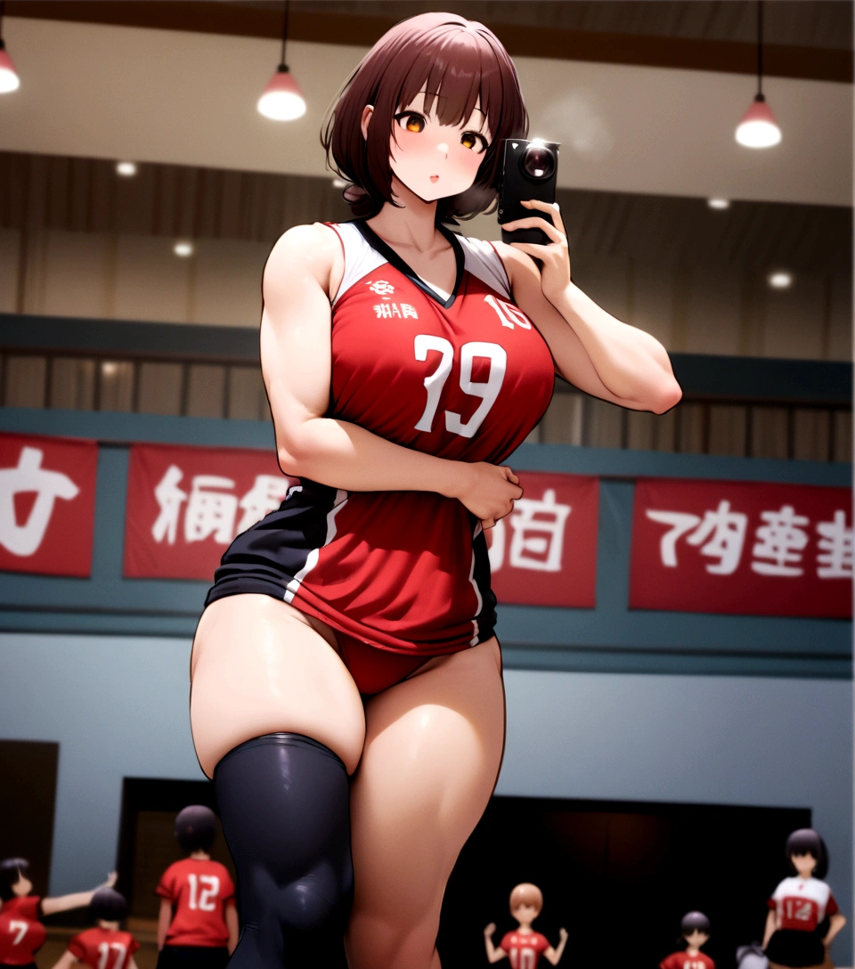 age girl wearing red and black uniform taking a photo, Wearing a volleyball jersey, Japanese Model, Chiho Ashima's huge legs will overwhelm you, Wearing a swimsuit, Nishimiya Shoko, Yoshitomo Nara, Thick legs, tits