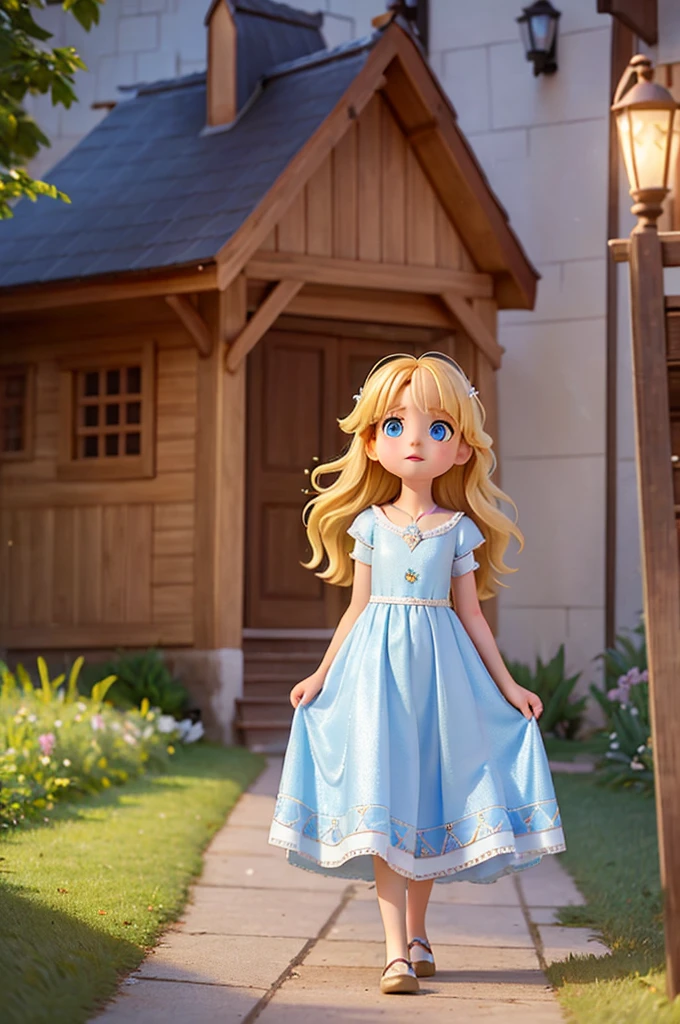 a who is six years old, with long golden hair and two large beautiful blue eyes with a white night dress, amazed expression, she has lots of sparkles in her eyes, in the company of pixies blonde hair and short hair, she walk out from house, in the place fantasy, with light fantasy