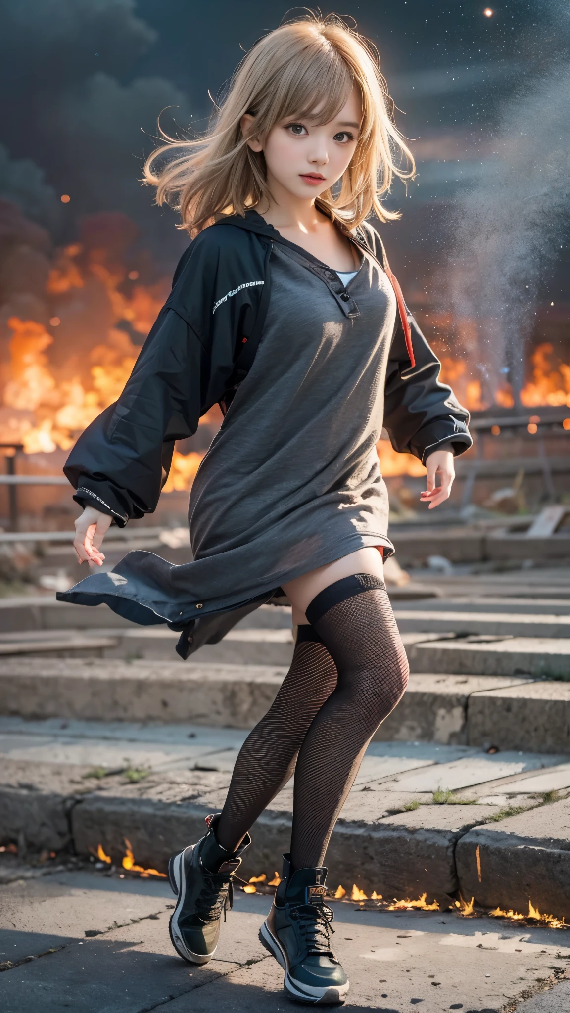 (((Natural disaster, fire, Abandoned cityscape, Giant Tornado, Tempest))), (((A beautiful girl desperately running away))), ((In a dress)), ((Cute face, Baby Face:1.2, Idol Face)), (Small and slender figure), (Slender body line), (Beautiful breasts), Small beautiful butt, (Highest quality, 8K, masterpiece:1.2), (Detailed eyes and face:1.3), (Detailed hands), (Professional photography techniques, Cinema Lighting), Short Hair, (View the viewer:1.3), ((Desperate look))