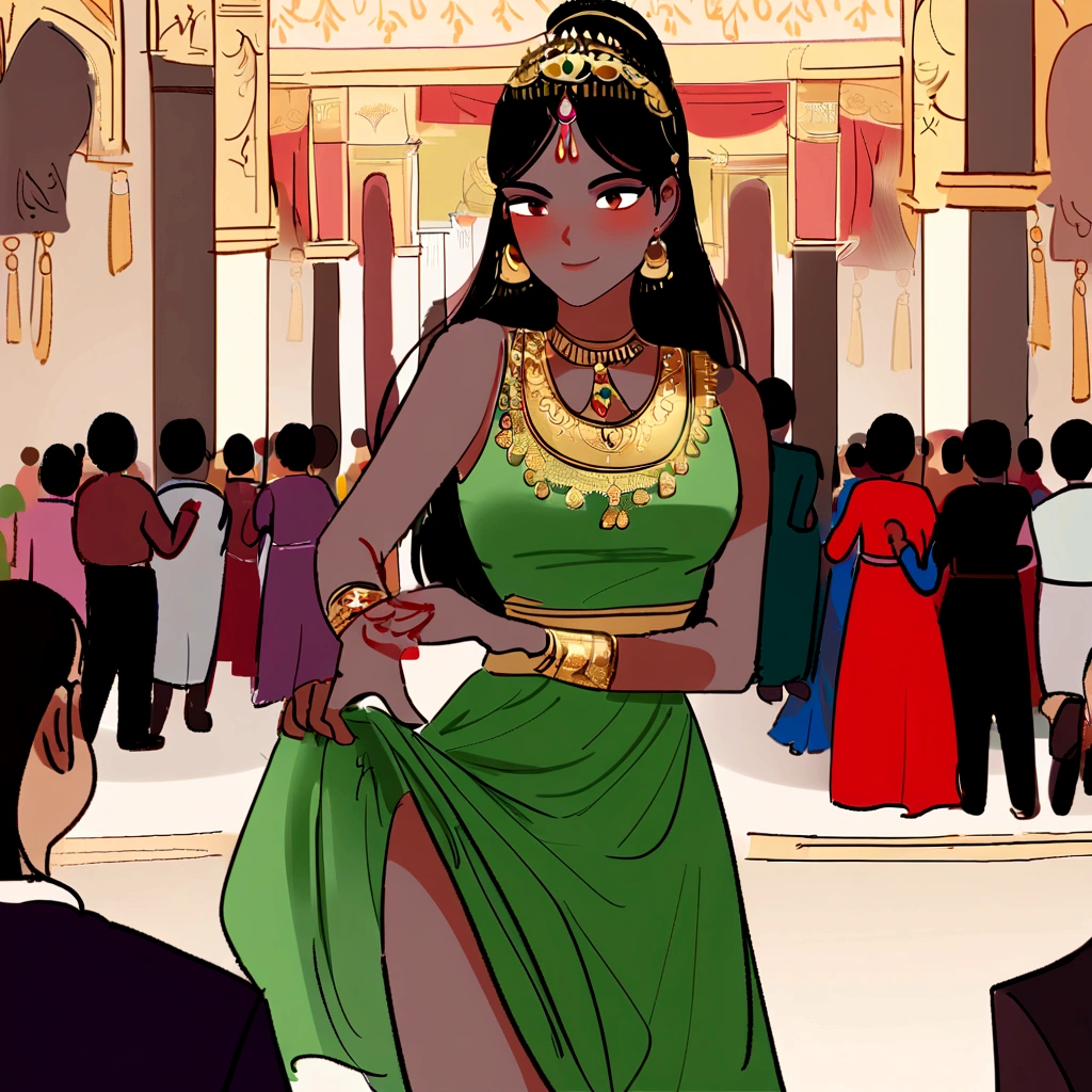 (work of art, best qualityer, realisitic), 1 girl, fund, Indian dress, dancing, intricate, dark green dress, gold, Indian palace, India, Indian person, banquet, crowd, picking up skirt, darker skin, [slightly-smile],