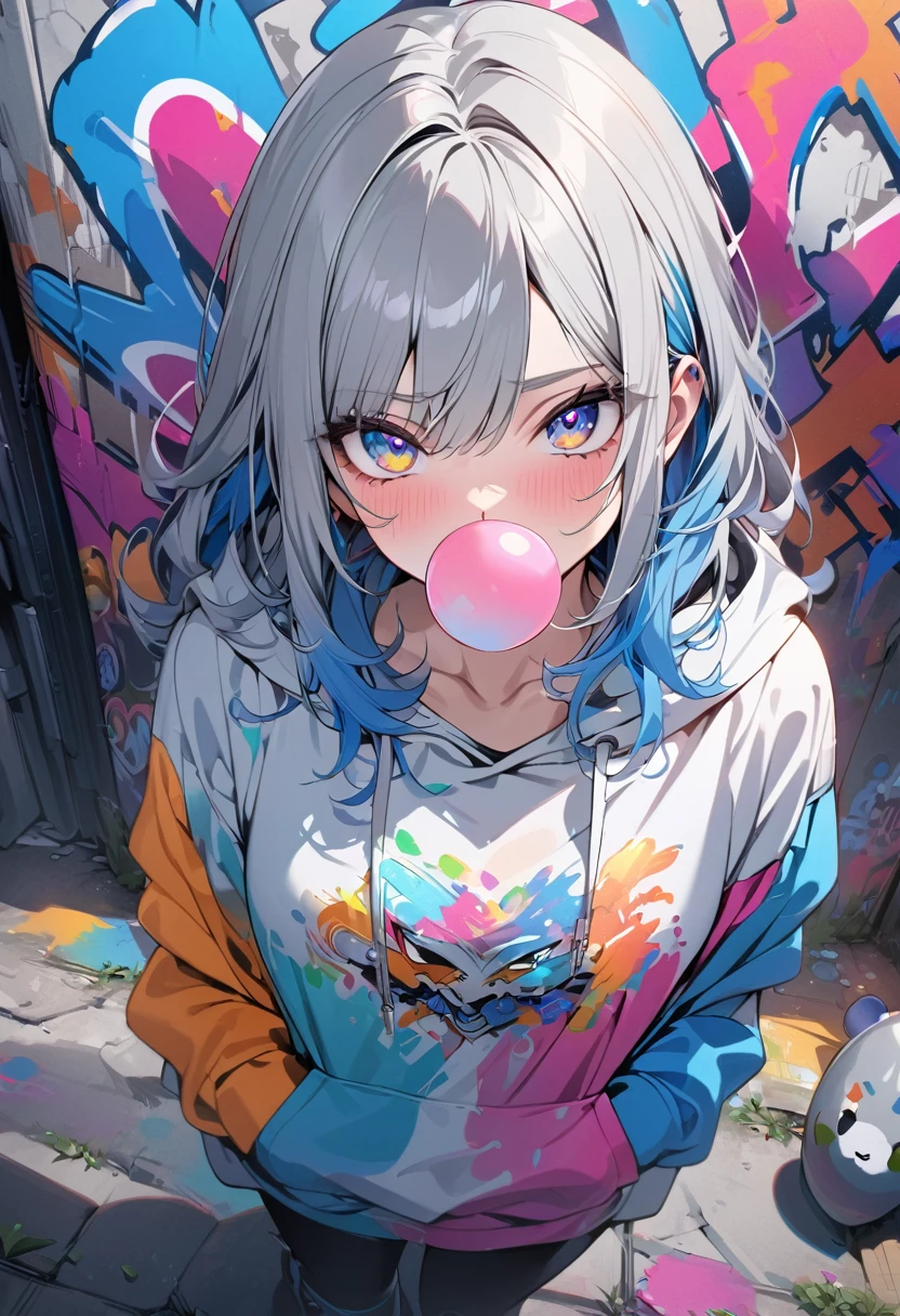 masterpiece, high quality, High resolution, Confused, Very detailed, 8K, 1 Girl, platinum gray hair, Blue Hair, Colorful Hair, Gradient Hair, Looking at the audience, Colorful eyes, Colorful hoodies, (Graffiti mural background:1.15), brightly colored paintings, bloom, Portraiture, Cross decoration, chewing gum, (close:1.2), From above