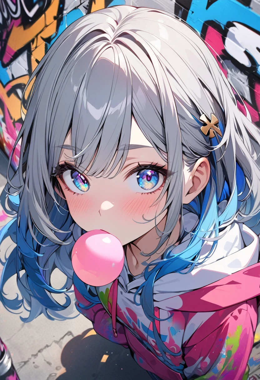 masterpiece, high quality, High resolution, Confused, Very detailed, 8K, 1 Girl, platinum gray hair, Blue Hair, Colorful Hair, Gradient Hair, Looking at the audience, Colorful eyes, Colorful hoodies, (Graffiti mural background:1.15), brightly colored paintings, bloom, Portraiture, Cross decoration, chewing gum, (close:1.2), From above