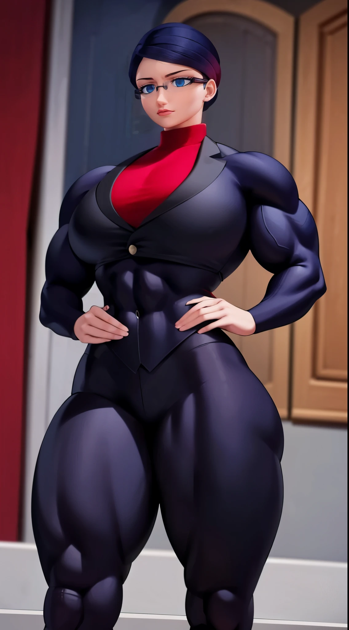 a muscular female bodybuilder in red bra inside office suit and her hair is dark blue and a bit red from end to the right side of head, detailed face, beautiful detailed eyes, beautiful detailed lips, extremely detailed face and muscles, long eyelashes, strong muscles bulging through suit, dynamic pose, professional studio lighting, hyperrealistic, 8k, high quality, photorealistic, physically-based rendering, concept art, dramatic color palette,((abs))
