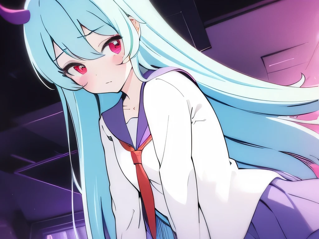 masterpiece,best quality,1 girl,Red eyes,cyan hair,Bania,end,Purple corners smooth,White school uniform,Love,shy