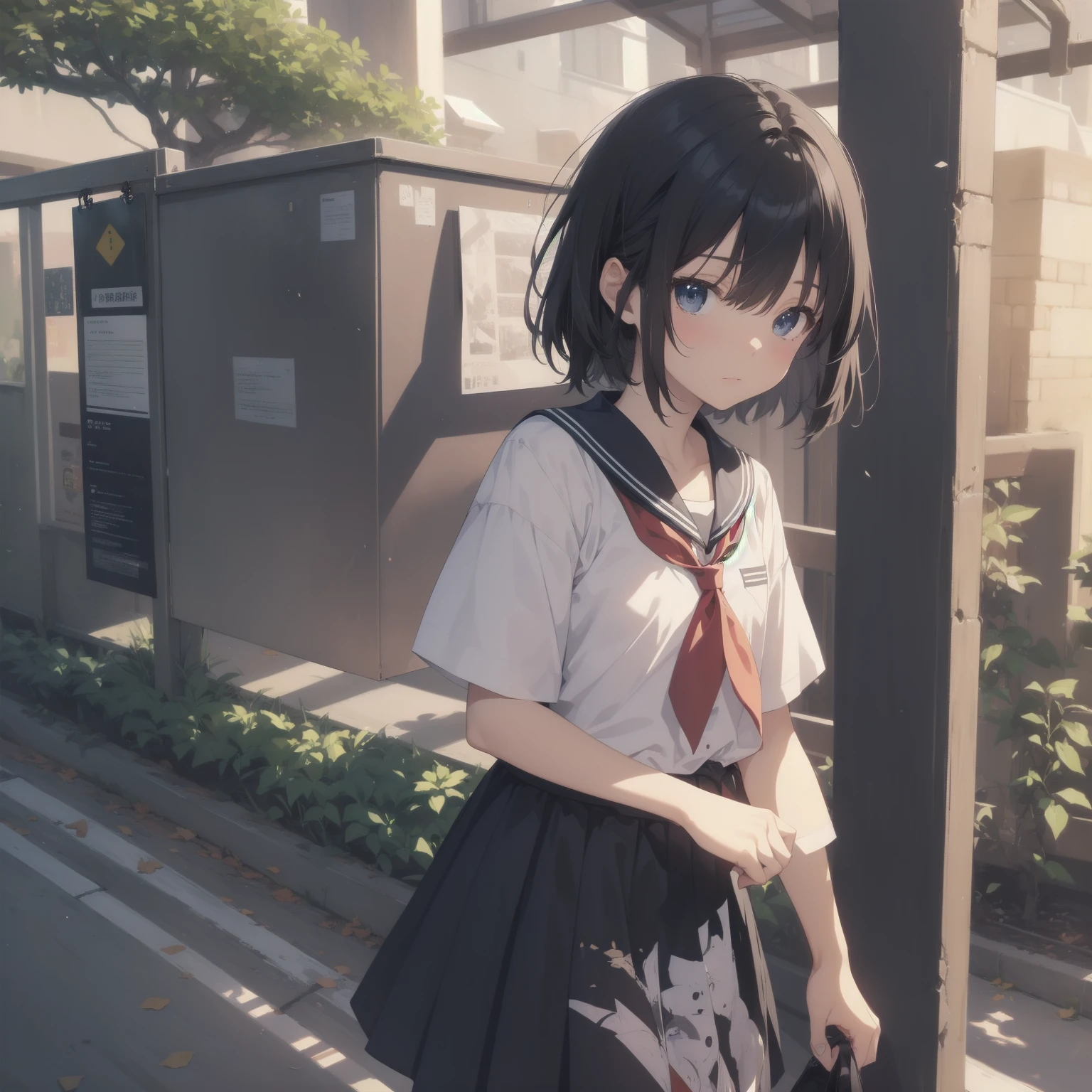 ultra-absurdres-Top quality by artist God, ultra-detailed, high resolution, anime moe artstyle, best anime 8k konachan wallpaper, pixiv contest winner, pool:2810, perfect anatomy,break, 1girl, (Please draw a girl walking sleepily to school alone. )break,(Solo,little female, 13-year-old:1.3),Full limbs, complete fingers,a junior high school student, (very short hair), short cut, flat chest, , small butt, small black eyes, beautiful detailed eyes, well-proportioned iris and pupils, expressive eyes, highres detailed hair, soft expression, salor school_uniform, sailor collar, serahuku, bow, pleated skirt,(Detailed Lighting), (Detailed background), in the School commute route. break,super detailed skin, Best cinematic lighting powered by famous artist, 8k,beauty illustration,photoshop_(medium),very aesthetic,break,((artist:takafumi )), artist:clamp ,artist:carnelian ,artist:kantoku ,