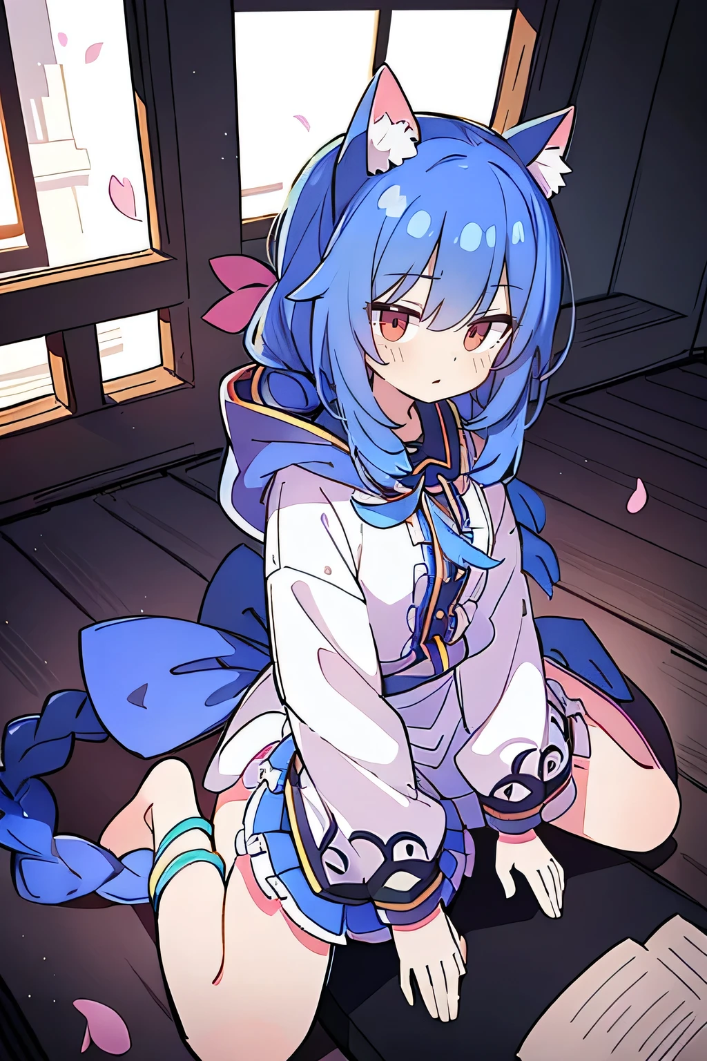 (masterpiece:1.2),Super detailed,lifelike,Expressive eyes,fair skin,perfect face shape,1 girl,
Japanese comics,Gorgeous blue hair,flowing blue hair,flowing clothes,Cat ears,Petals fall,beautiful lola,Baby Angel,
Shaking head with one hand,Cross your legs,Gentle and peaceful background,The pavilion is cool and comfortable,smile, wearing hoodie, background of tokyo,back views.fgo style,like \(destiny\), like Adult, hair length, underwear, masterpiece, Top quality, 1 Girl, looking at the audience,(((braid)))、shameful face、Embarrassed face、Long body、huge 、