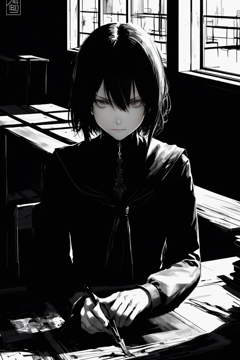style v5lcn,ink art,(Best quality,table:1.2),(black and white comic core:1.1),(extremely high contrast),Dark ink,1 girl in,Dark-haired,Shadow on the face、8 k,Permission,high school student,sailor uniform,
