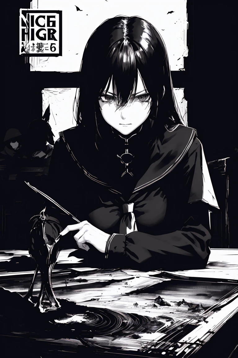 style v5lcn,ink art,(Best quality,table:1.2),(black and white comic core:1.1),(extremely high contrast),Dark ink,1 girl in,Dark-haired,Shadow on the face、8 k,Permission,high school student,sailor uniform,