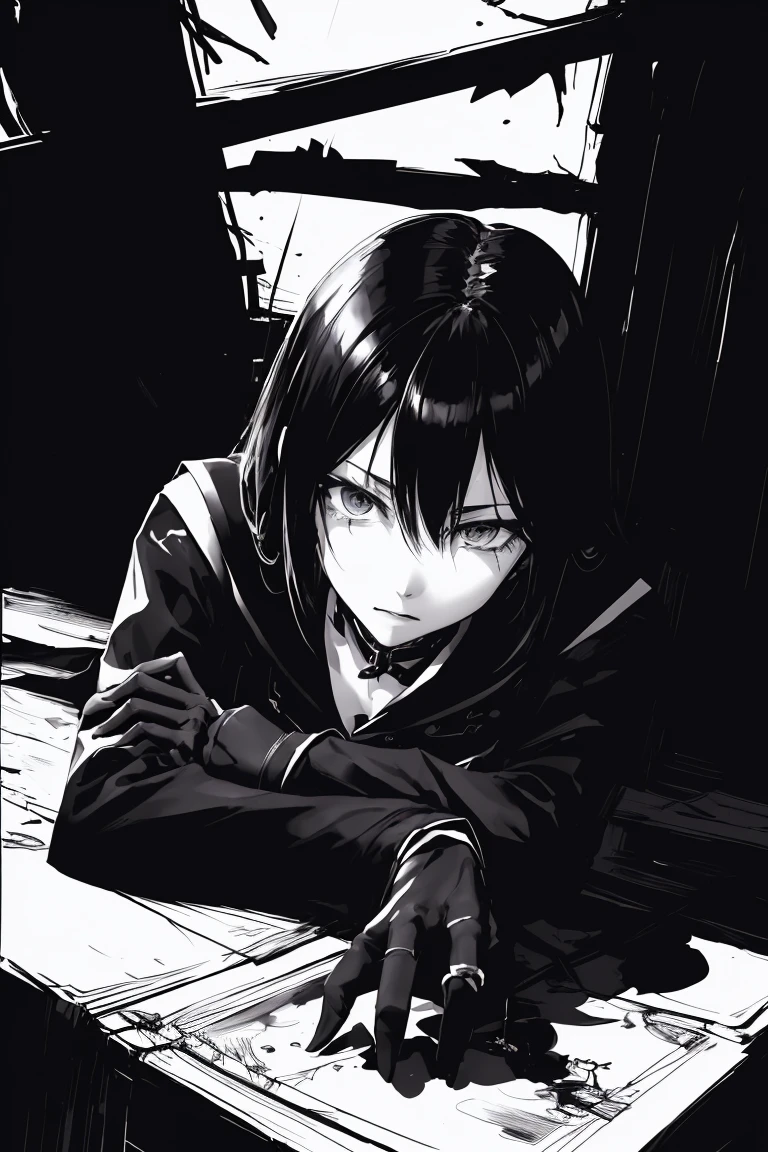 style v5lcn,ink art,(Best quality,table:1.2),(black and white comic core:1.1),(extremely high contrast),Dark ink,1 girl in,Dark-haired,Shadow on the face、8 k,Permission,high school student,sailor uniform,