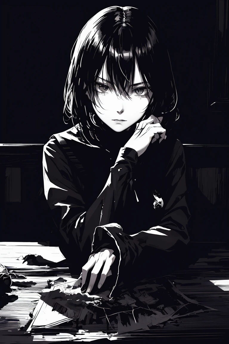 style v5lcn,ink art,(Best quality,table:1.2),(black and white comic core:1.1),(extremely high contrast),Dark ink,1 girl in,Dark-haired,Shadow on the face、8 k,Permission,high school student,sailor uniform,