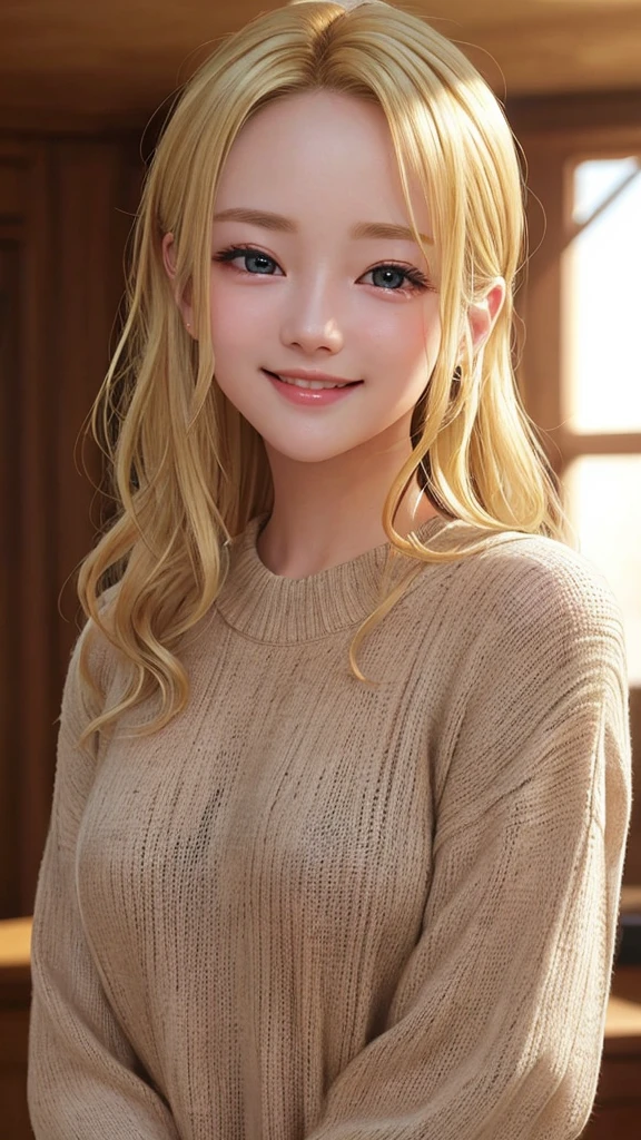 (Blonde、forehead)、Ultra-high resolution、masterpiece、Highest quality、
Highly detailed face、Detailed eyes、Very complicated、Perfect Glowing Skin、Perfect lighting、Detailed lighting、Dramatic Shadows、Ray Tracing、
One Girl、Upper body、Black sweater、Looking at the audience、A shy smile