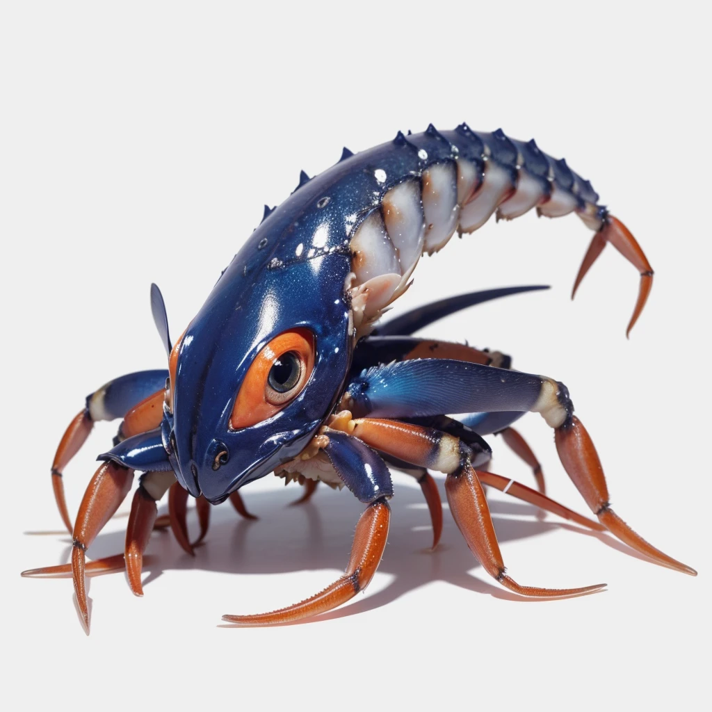 Small Animaly, generate results for squid mixed with crab, has blue stripes on his skin, white eyes, Grassroots, no background