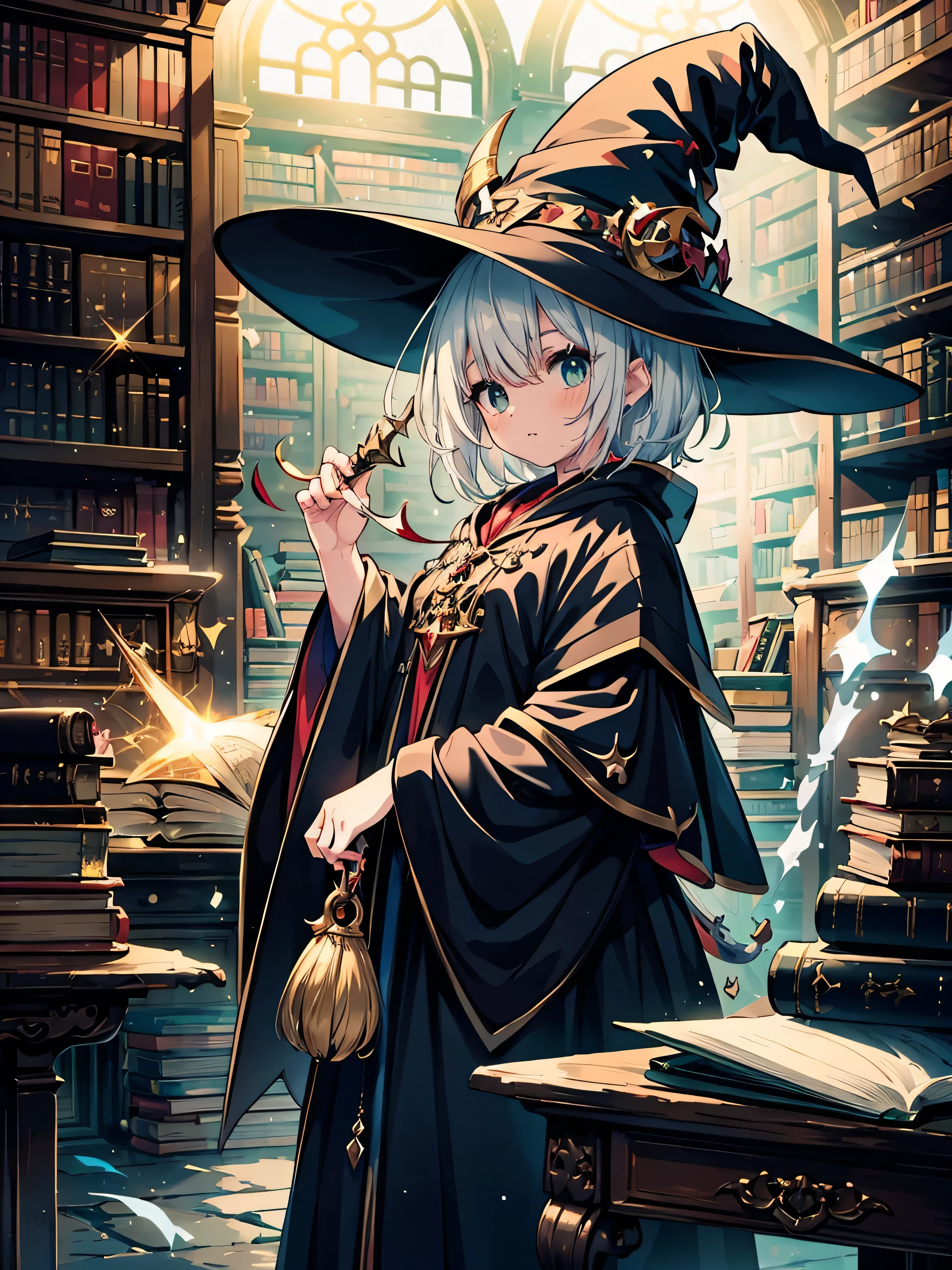(masterpiece), best quality, Very detailed, A Magus girl with white hair holdding a magical sickle, Witch Hat, Huge Horn, Ruffled skirt, Red and black clothing, sickle, Magic Light, The background is library ,library