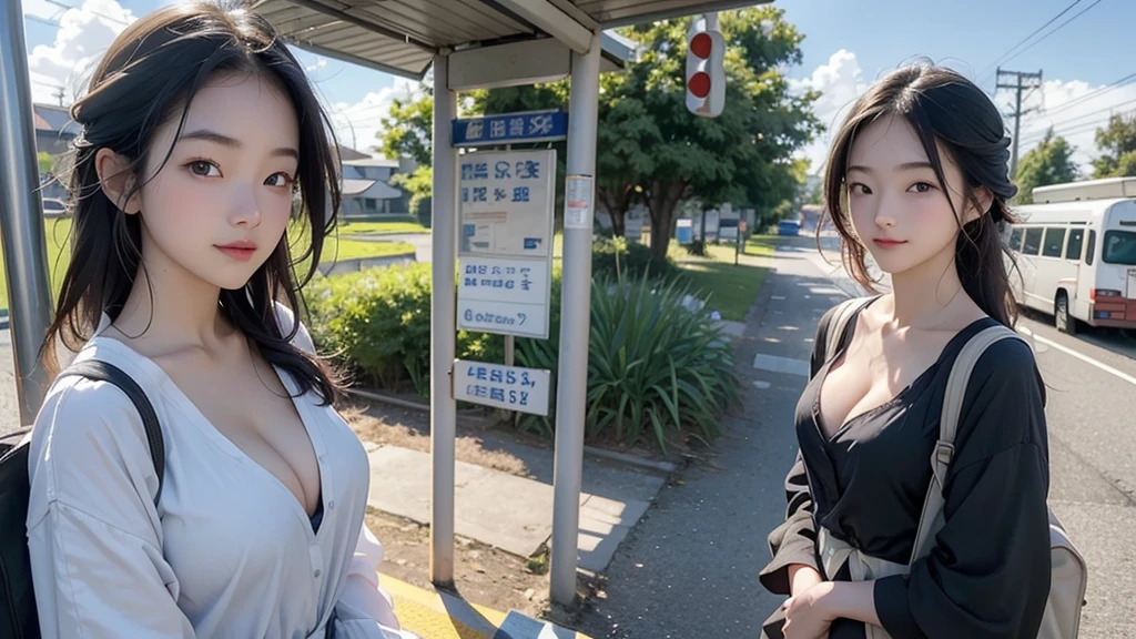 8K、RAW Photos、Highest quality、Super detailed、Super Resolution、Ultra HD、8K壁紙、Amazing details A town of rice fields in the countryside、Active bus stop、A 16-year-old high school girl waiting for a bus at a bus stop、Shining Sun、Blue sky、
((Emphasize cleavage))
