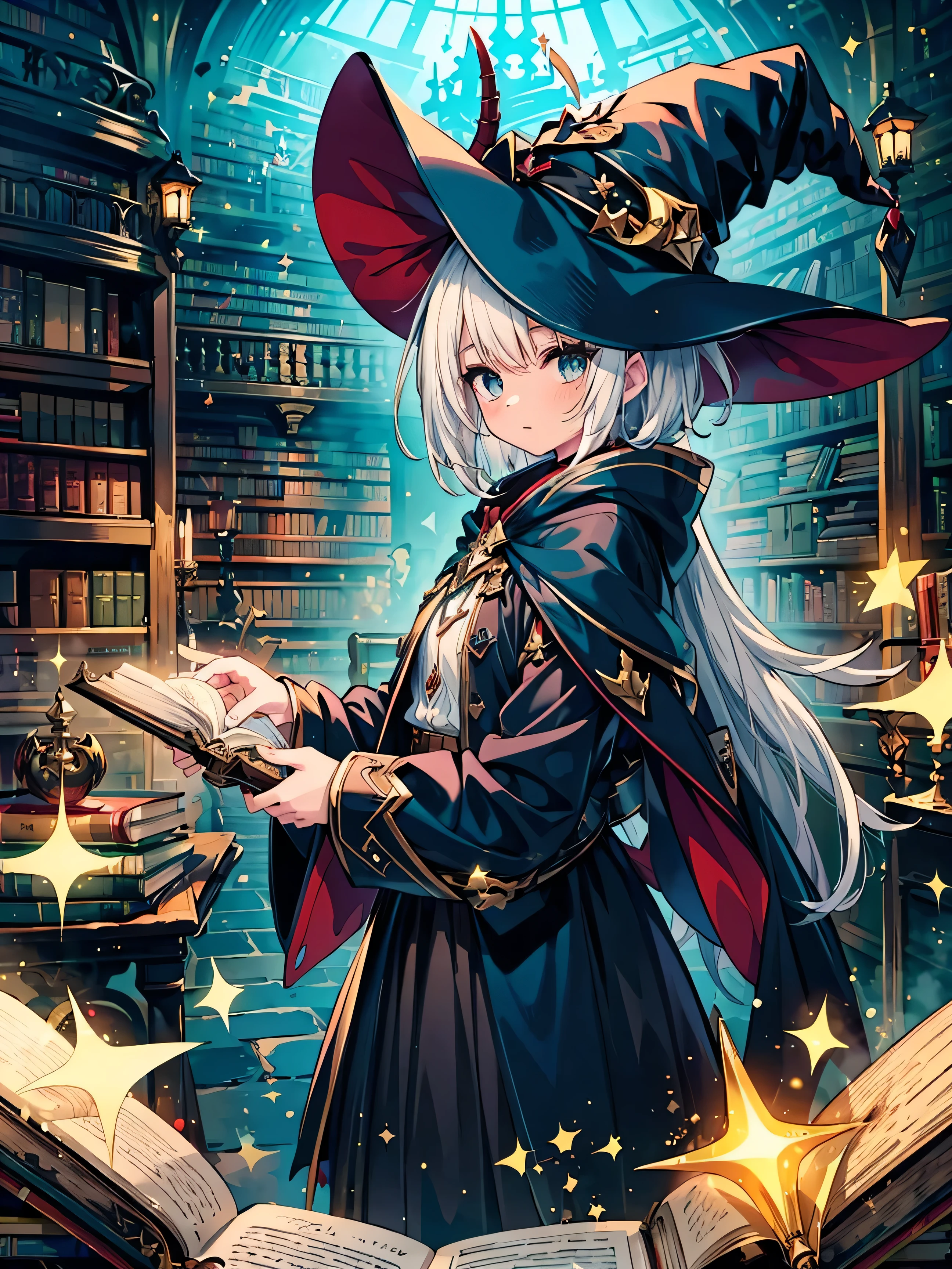 (masterpiece), best quality, Very detailed, A Magus girl with white hair holdding a magical sickle, Witch Hat, Huge Horn, Ruffled skirt, Red and black clothing, sickle, Magic Light, The background is library ,library