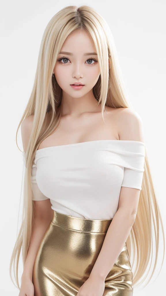 (Child face, virgin face,  Masterpiece, High resolution, 8k, 1 girl, ultra Detailed, Fine skin, white skin, Brighten the subject, cinematic lights, beautifulface, Detailed eyes, lip gloss), (((Detailed anatomy))), blonde hair, Super long hair, Long straight hair, Silky straight hair, blunt bangs, Blue eyes, (slender body), (((Flat chested))), photography, (focus upper body), Sweet smile, looking at viewer, Wearing a white knit long sleeve, Wearing a white knit long sleeve, Blonde Super long hair, Long straight hair, Silky straight hair, blunt bangs, blunt bangs, seduction,