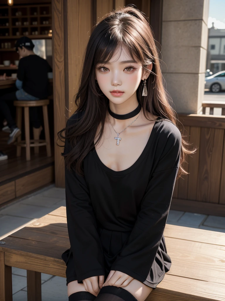 ((best quality)),((Highest quality)), ((masterpiece)), (detailed), ((in the cafe )),((Hires.fix)),(small breasts),長い髪と白いトップを持つアラフェアジア人woman, 美しい韓国人woman, 美しい若い韓国人woman, Young and adorable Korean face, ゴージャスな若い韓国人woman, Korean Girls, Girl cute beautiful face, 韓国のwomanアイドルの肖像, Young and pretty Asian face, Cute natural anime face,Asian pretty face,((flat chest)),((Highest quality)),((nipple)),(detailed), Perfect Face,((One girl)), (scrawny：weight1.0〜2.0)iris, Elevation, space, (Natural Light), Dramatic lighting, Chiaroscuro, Emotional depth,woman,((nude)),((show off nipple)),((small breasts)), ((flat chest)),naked,slender,delicate,Small breasts,((Small breasts)),the body is slender,Beauty,Beauty,4K quality,Young face,Big eyes,Brown eyes,Perfect Face, 14years old,breasts are very small,Model Body Type,Cute Face,Pink nipples,Symmetrical eyes,Glowing eyes,Natural smile,((Always show your boobs)) ,(embarrassed,blush:1.3),
,(steam:0.8),(wet:0.8),(sweat:0.8),(trembling:1.3)
,(parted lips:1.3),(harf open eyes:1.4),(feeling weak:1.5), ((flat chest)), ((Gaunt)),beautiful,((a long hair)), ((half body)),topless modelshoot style,((intricate choker necklace)),(lips),(intricate earrings),((nipple)),((woman posing for a photo)), (black theme:1.4), ((hip-hop style, Jirai-kei):1.4), (loose and sloppy black Wear:1.3), (tucked out oversized black T-shirt with an extended hem:1.5), (exposed T-shit hem:1.4), ((long sleeves, baggy sleeves):1.2), (black and white tartan-check pleated skirt:1.1), (black and pink striped pattern thighhighs:1.3), (necklace:1.2), (pink text on black T-shirt:1.2), (platform HIGH boots:1.1), (cross-shaped accessories:1.2),