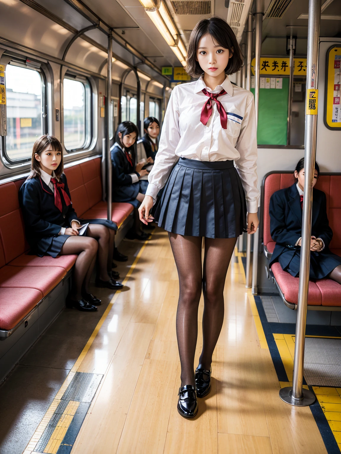 (Tabletop, Highest quality, Very detailed), One Girl, Purple eyes, Blonde, Dark Skin, short hair、Perm Hair、((Japanese School Uniform))、((pantyhose))、(in the train)、(mini skirt)、Black panties