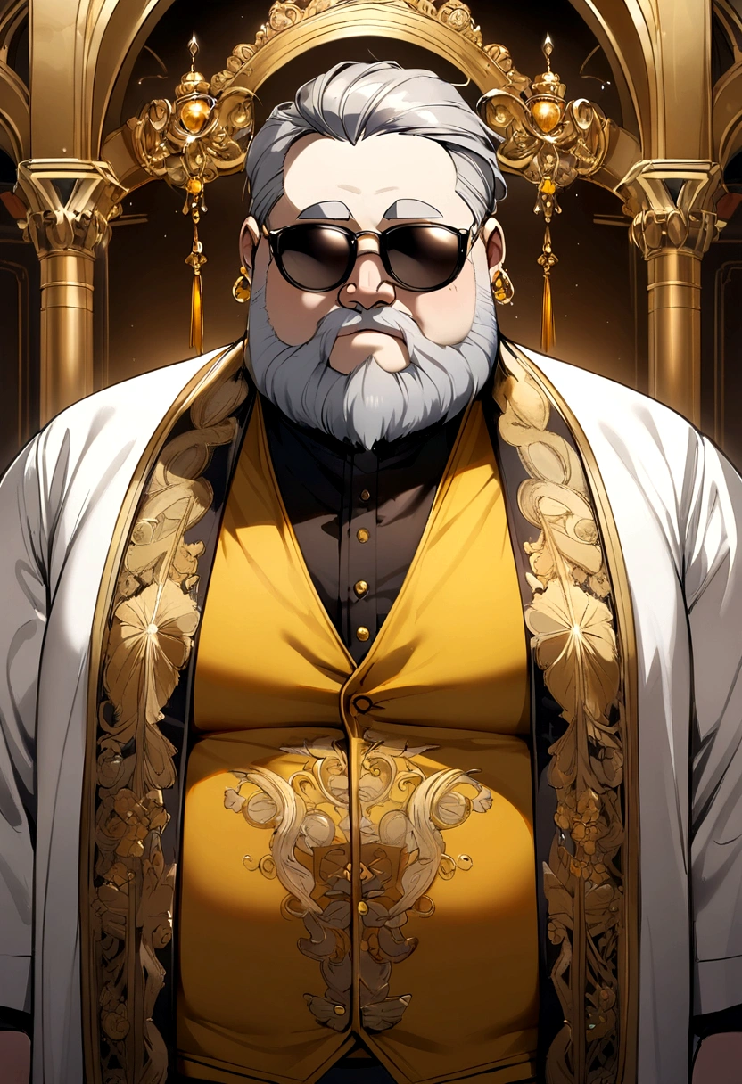 chubby man with gelled grey hair, short hair, white skin, black sunglasses, beard, gold earrings, yellow-brown vest