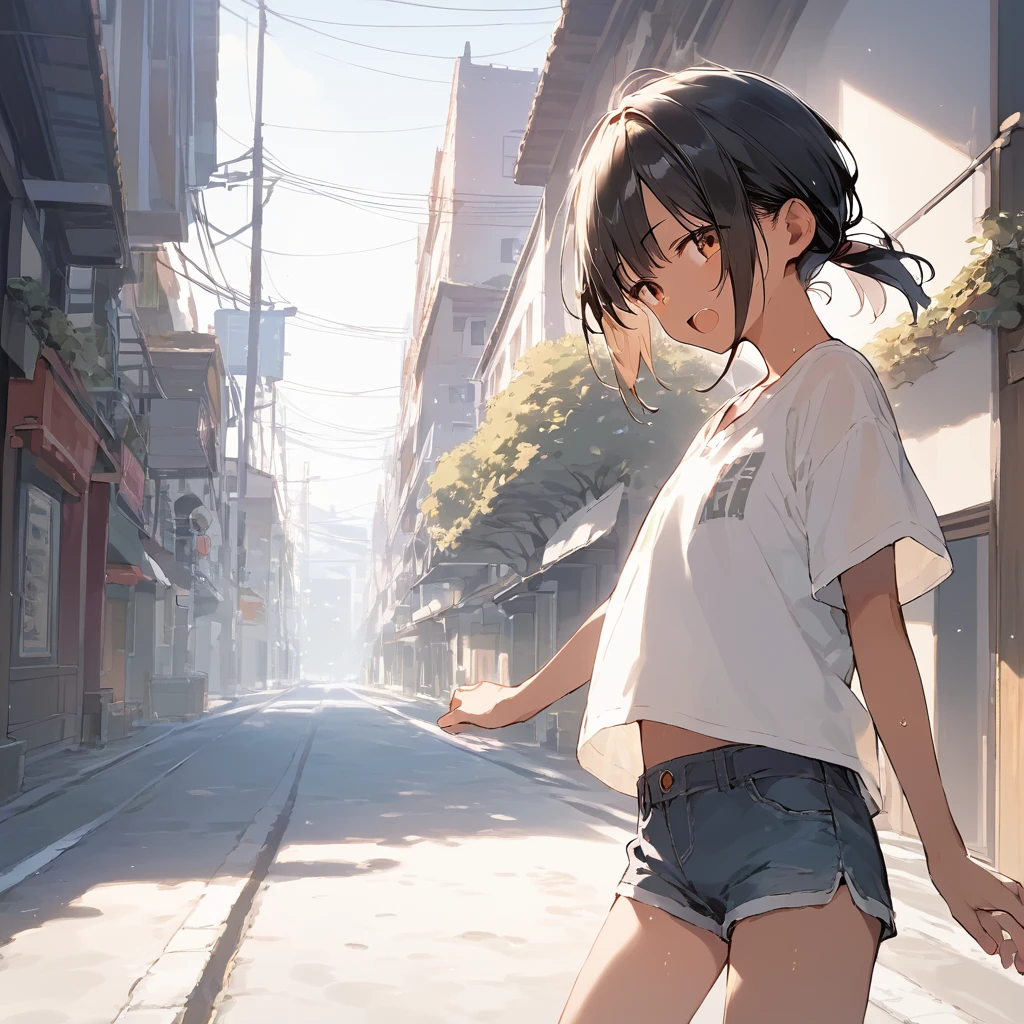 score_9, score_8_up, score_7_up, source_anime, best quality, masterpiece, official art, absurdres, highres, ultra-detailed,waifu2x,Collection: Slice of Life,break,1girl, tomboy, dark-skinned female, short hair, low ponytail, flat chest,  beautiful detailed eyes, short shorts, sweat, open mouth, (yawn:0.3), sleepily, outdoors, wind, break,(clear line illustration:1.2),very high resolution, very aesthetic, super detailed skin, Best sexual lighting powered by famous artist, 8k,cute picture,beauty illustration,photoshop_(medium),,(Detailed Lighting),best anime 8k konachan wallpaper, pixiv contest winner, 