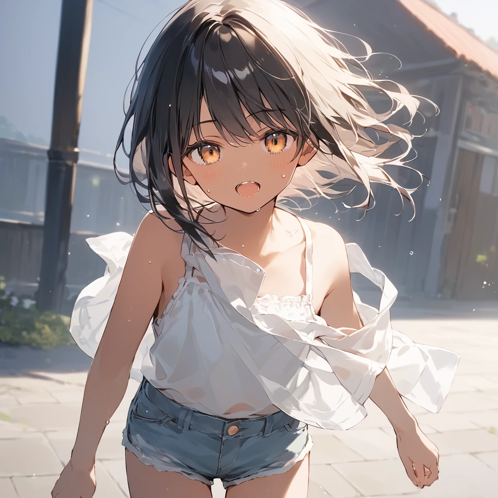 score_9, score_8_up, score_7_up, source_anime, best quality, masterpiece, official art, absurdres, highres, ultra-detailed,waifu2x,Collection: Slice of Life,break,1girl, tomboy, dark-skinned female, short hair, low ponytail, flat chest, beautiful detailed eyes, short shorts, sweat, open mouth, (yawn:0.3), sleepily, outdoors, wind, break,(clear line illustration:1.2),very high resolution, very aesthetic, super detailed skin, Best sexual lighting powered by famous artist, 8k,cute picture,beauty illustration,photoshop_(medium),,(Detailed Lighting),best anime 8k konachan wallpaper, pixiv contest winner,