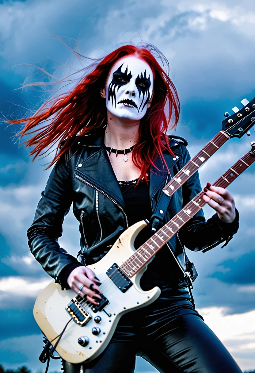 Black Metal girl, pale face, Black Metal make up, corpse paint face, red hair shoulder length, leather jacket, riding on a guitar in sky, electricity effects around her, movement blur