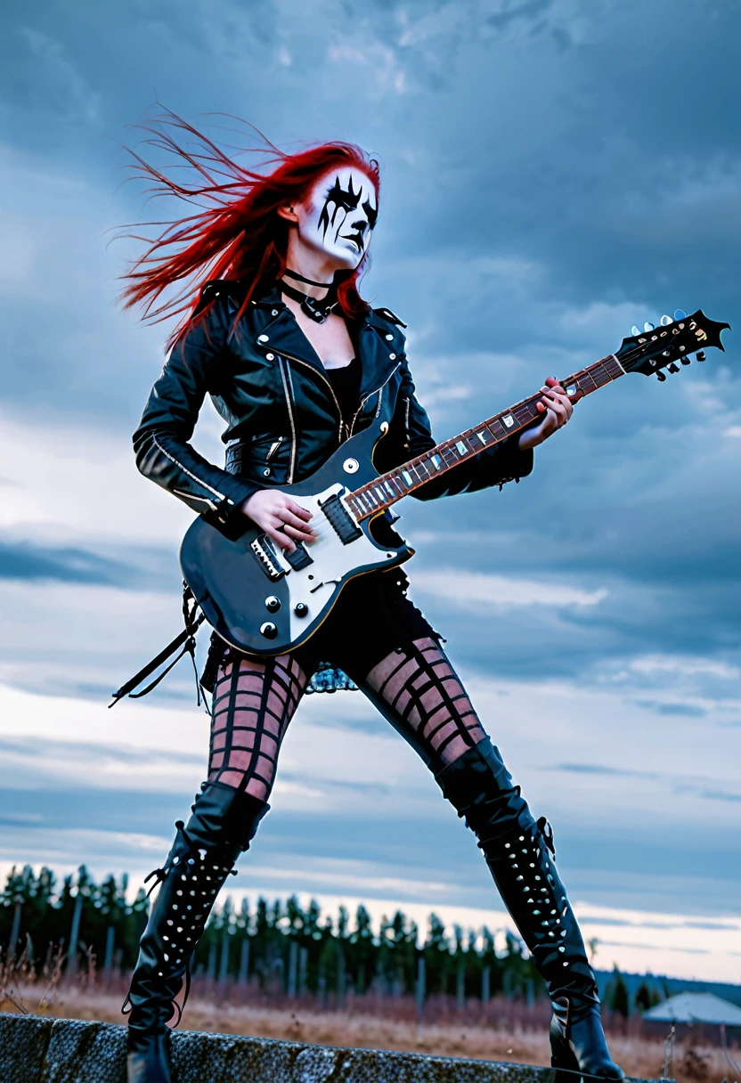 Black Metal girl, pale face, Black Metal make up,  paint face, red hair shoulder length, leather jacket, riding on a guitar in sky, electricity effects around her,  movement blur
