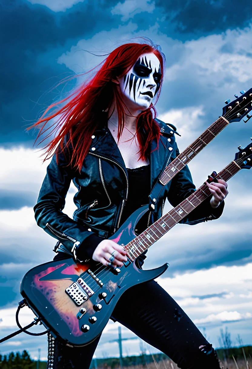 Black Metal girl, pale face, Black Metal make up, corpse paint face, red hair shoulder length, leather jacket, riding on a guitar in sky, electricity effects around her, movement blur