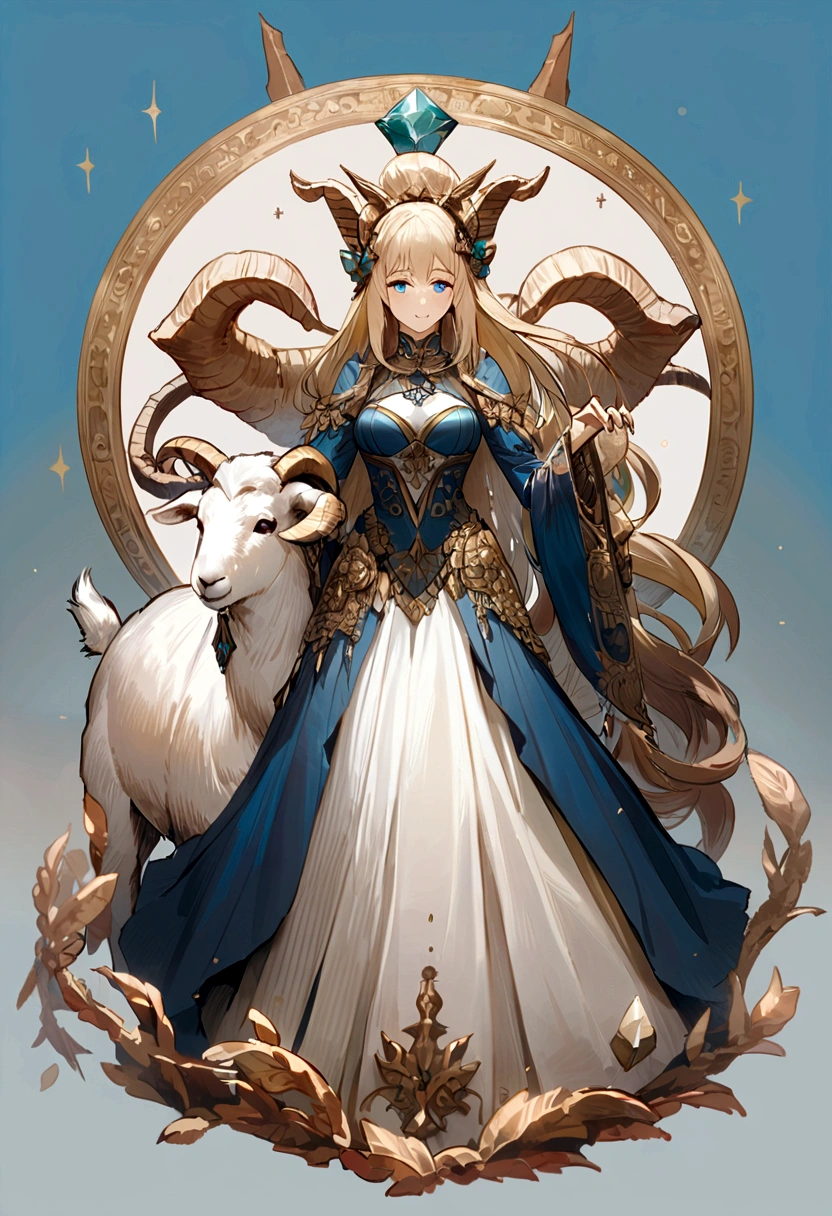 (Huang Li、high quality、Extremely detailed),Constellation - Goddess Capricorn,Giant goat,Woman petting a goat,Similar to Latin goodness,brave,capricious,Productivity,The face of enterprising and humanitarianism,Blonde short hair,Ancient Greek costumes、Wrap Dress,The background is the ocean,Crystal blue eyes(Eyes Details),Powerful appearance