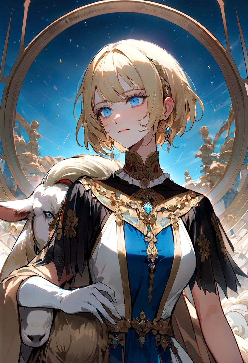 （Huang Li、high quality、Extremely detailed），Constellation - Goddess Capricorn，Giant goat，Woman petting a goat，Similar to Latin goodness，brave，capricious，Productivity，The face of enterprising and humanitarianism，Blonde short hair，Ancient Greek costumes、Wrap Dress，The background is the ocean，Crystal blue eyes（Eyes Details），Powerful appearance